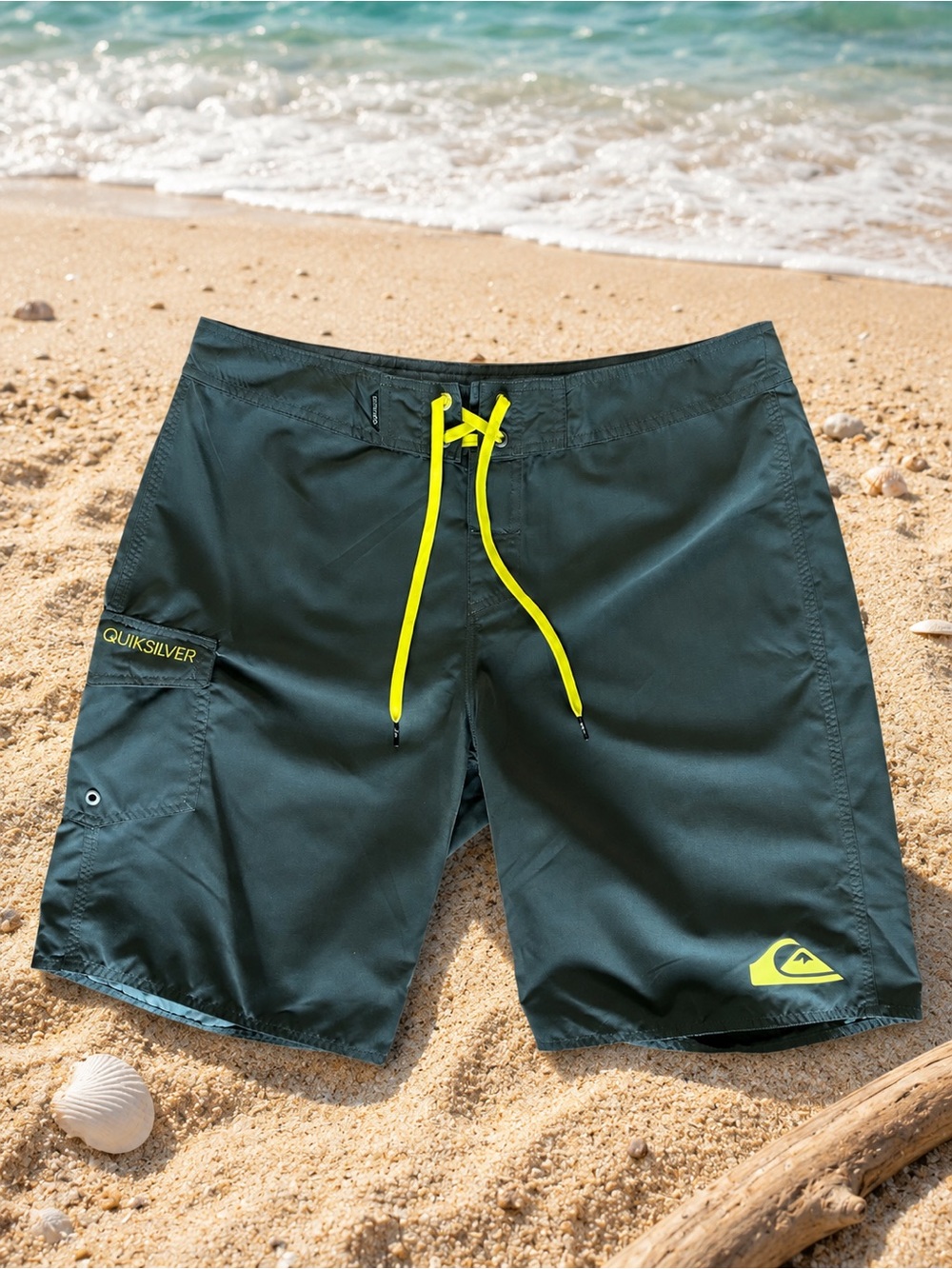 Quiksilver Men’s 35 Gray Board Shorts Swim Trunks Yellow Drawstring Cargo Pocket